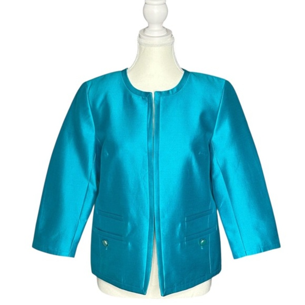 Talbots Womens Teal‎ Blue Silk Cotton Open Front Collarless Jacket Blazer 4 NWT